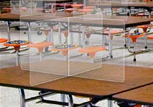 Photo of 4 way plexiglas sneeze guard on top of a cafeteria table