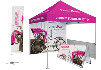 Outdoor display tent with back wall and outdoor verticle banner
