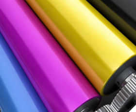 Colorful print rollers. click to learn more about available printing options