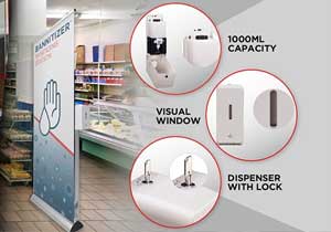 Photo showing Hand sanitizing station, including banner with instructions